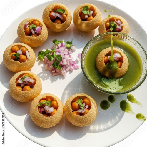 Delicious panipuri served with green chutney on a white plate
