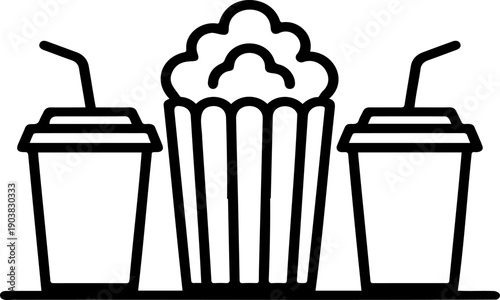 Cinema Movie Snacks Line Icon - Popcorn Bucket and Two Soda Cups with Straws Vector Illustration