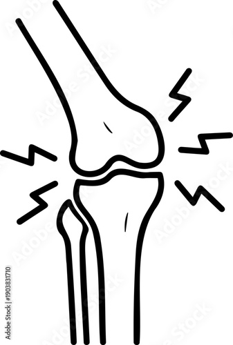 Human knee joint pain line art icon, orthopedic bone inflammation with stress sparks, minimalist medical anatomy vector illustration