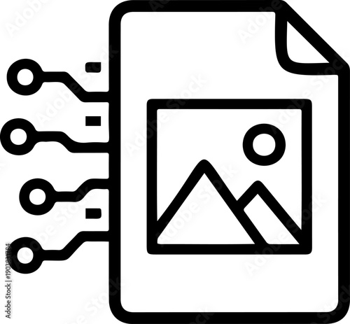Digital asset and NFT file line art icon, electronic document with circuit connections and image thumbnail, minimalist technology vector