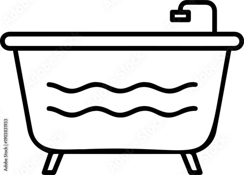 Modern bathtub with water line art icon, bathroom tub with faucet and wavy water lines, minimalist interior design vector illustration