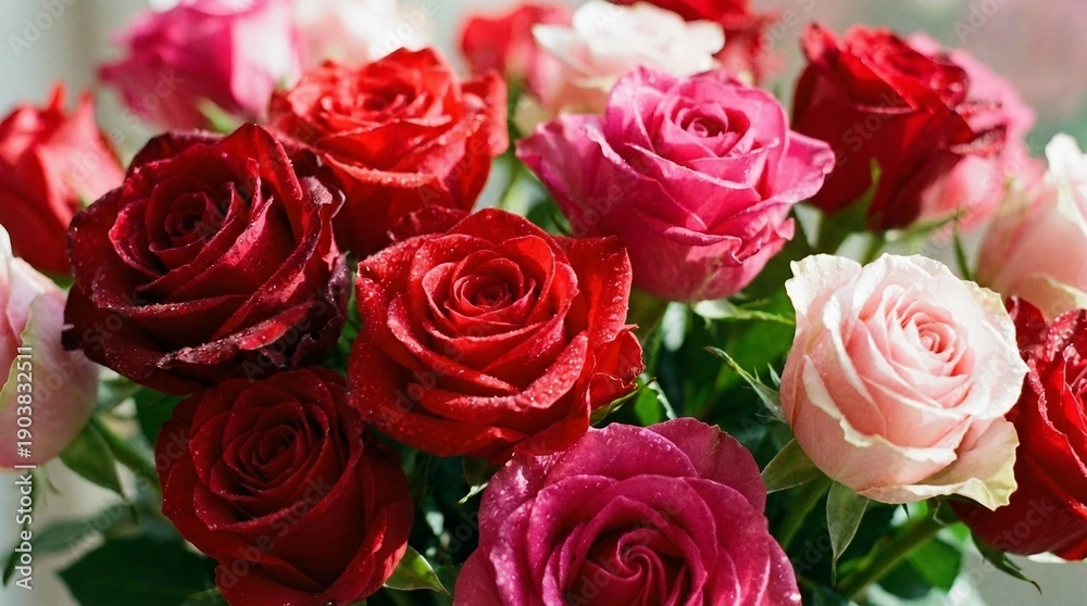 Fototapeta premium Fresh Red and Pink Roses Bouquet with Water Drops