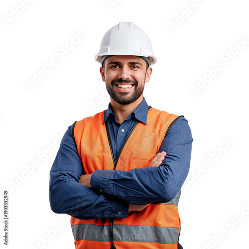Worker Smiles While Wearing Safety Gear at Construction Site During Daylight