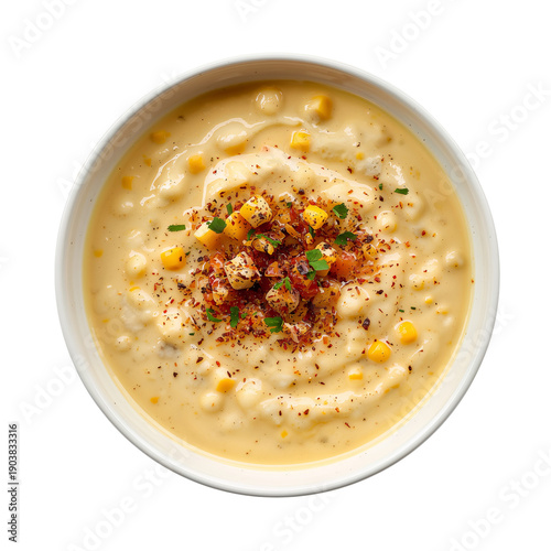 Creamy Corn Soup Served in a Bowl With Toppings of Spices and Herbs at a Kitc...