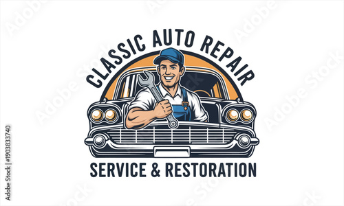 Classic Auto Repair Service and Restoration Logo with Mechanic.