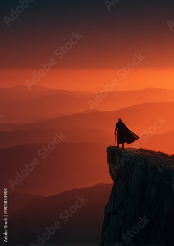 Silhouette of Viking Warrior at Sunrise Cliff Edge Symbolizing Adventure
