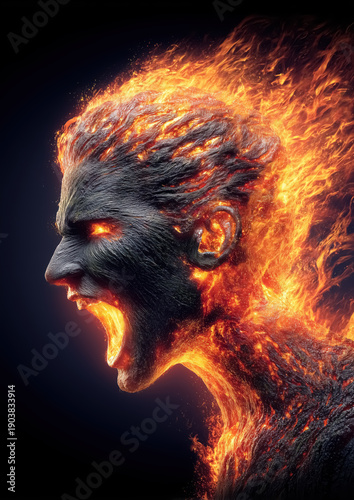 Abstract Flame Facial Concept, Fire Effect Artwork, Emotional Heat Expression, Dynamic Energy Portrait