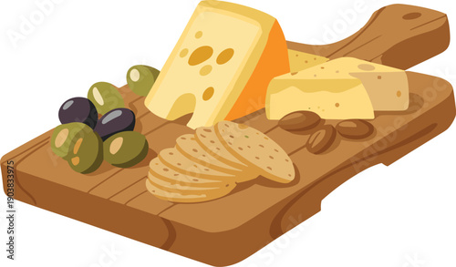 Wooden cutting boards displaying cheese olives salami and other delicacies vector on white background.