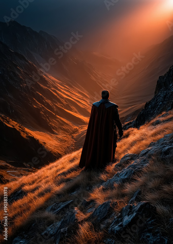 Epic Journey Hero on Mountain Sunset Background