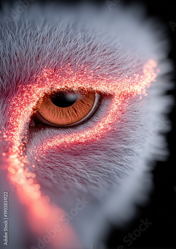 Animal Eye Closeup with Glowing Particles, Futuristic Concept on Dark Background