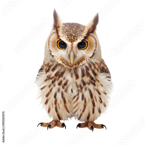 Owl With Large Eyes Stands on a White Background Looking Straight Ahead in a ...