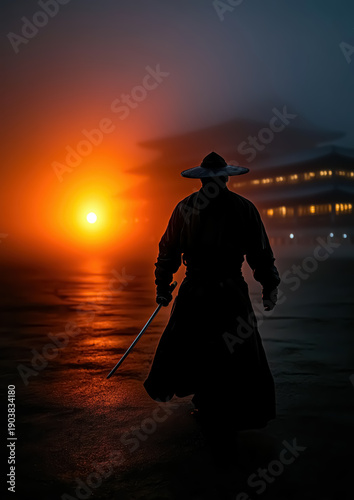 Samurai Silhouette Against Fiery Sunset in Japanese Temple Setting