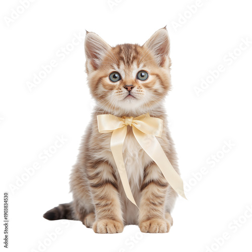 Cute Kitten With a Ribbon Sits Still in a Bright Setting During the Day