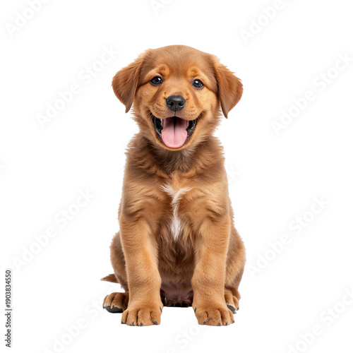 Happy Puppy Sits and Smiles With Tongue out in a Bright Setting