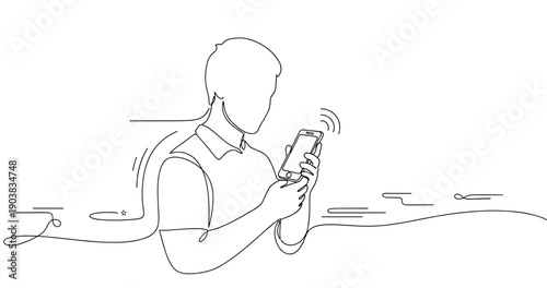 Line art of young male using smartphone for communication, no editable stroke