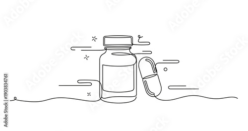 Line art illustration of medicine bottle and capsule with minimalist design elements, no editable stroke