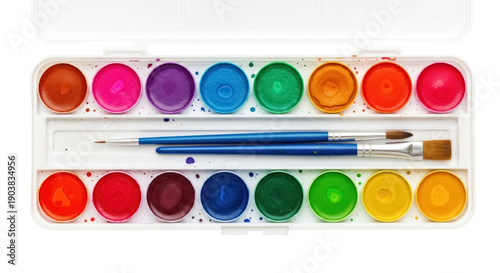 Obraz na płótnie Watercolor paint set with brushes isolated PNG, vibrant colors in palette for ar