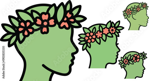 Silhouettes of human heads adorned with blooming floral wreaths symbolizing victory honor and natural beauty displayed across multiple scales