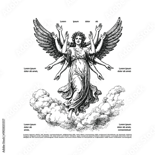 Canvastavla Vintage Engraving Style Illustration of a Multi Armed Winged Goddess Floating Ab