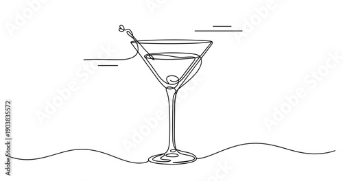 Elegant martini glass line drawing with olive garnish on white background. No editable strokes