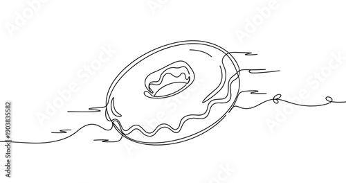 Continuous line drawing of a donut with swirls and icing detail. No editable strokes