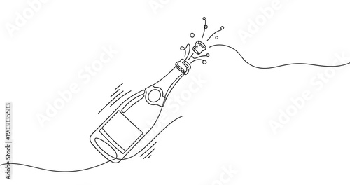 Line drawing of champagne bottle popping with cork and bubbles. No editable strokes