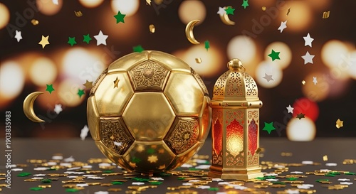 Gold soccer ball and lantern with stars and confetti on a dark background for ramadan or islamic celebration