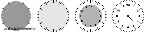 Four stages of designing an analog clock face