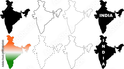 Set of various India map silhouettes including outlines and tricolor designs. India map Vector, illustration 