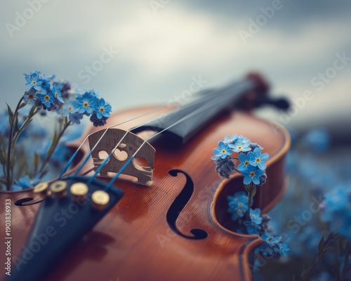 A close-up of a violin against a backdrop of beautiful blue spring forget-me-nots