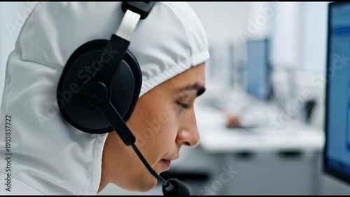 A technician in a cleanroom suit and headset works at a computer workstation, focusing on data analysis or operational monitoring.