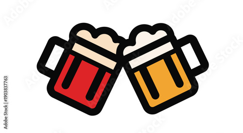 Two colorful illustrated beer mugs clinking together symbolizing a festive toast celebration or happy hour moment