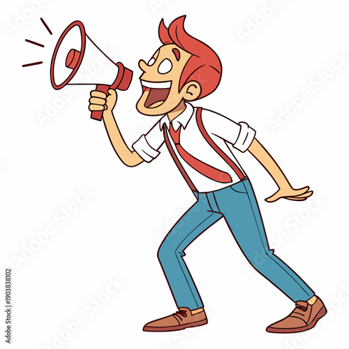 Cartoon man with red hair using a megaphone to speak loudly Vector