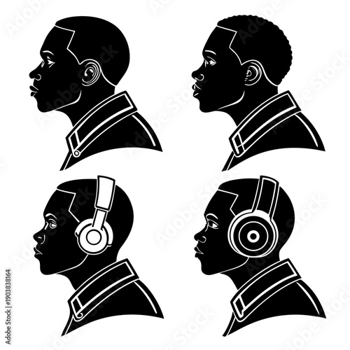 ১. Collection of African American male profile silhouettes with headphones ২. Modern black man character icons for urban lifestyle and music concept ৩. Set of diverse young African American male avata