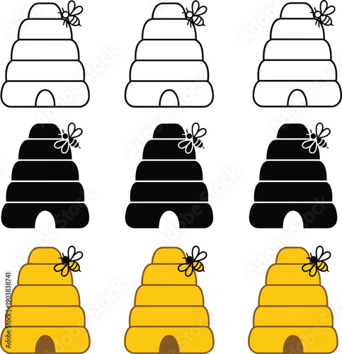 Beehive illustration icon set showing outline, solid and colored styles with bees, honey production, beekeeping, agriculture, nature design