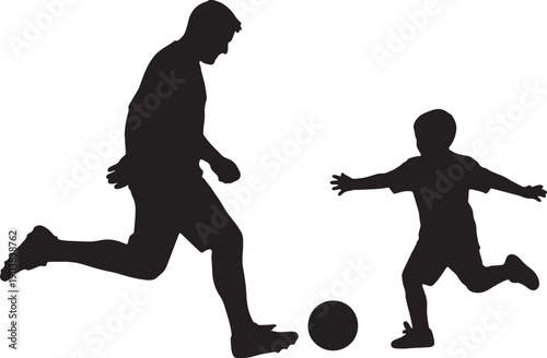 Father and Son Playing Soccer Silhouette on White Background