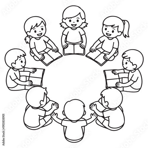 Group of diverse young children sitting in a circle reading books together sharing stories and engaging in a collaborative learning environment happily focused on literature