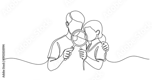 Continuous line drawing of individuals with magnifying glass. No editable stroke