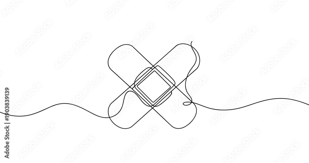 Fototapeta premium Minimalist continuous line art of two overlapping bandages on white background. No editable stroke