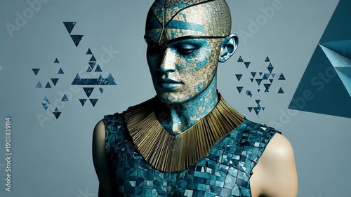 Artistic Body Paint Portrait with Blue Tones and Geometric Shapes Inspired by Ancient Egypt