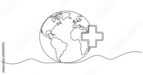 Continuous line drawing of earth with medical cross symbolizing global health. No editable stroke