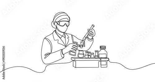 Line art of scientist conducting laboratory experiment with test tubes. No editable stroke