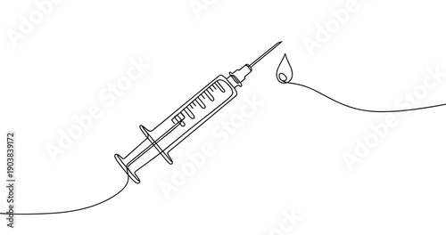 Outline drawing of syringe with droplet on needle tip. No editable stroke