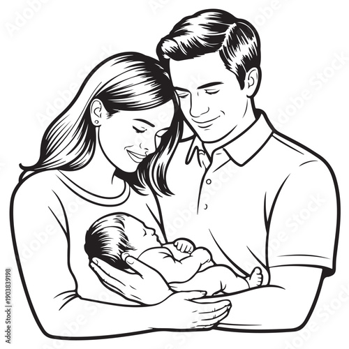 Parents holding newborn baby illustration depicts young mother and father embracing their infant child with love and affection showing family happiness and parenthood bond in realistic style