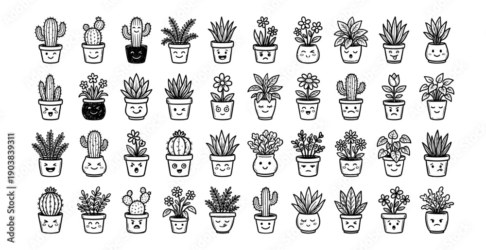 Obraz premium Hand Drawn Potted Plants Succulents Cacti Doodle Collection Indoor Houseplant Line Art Sketch Set Botanical Greenery Icons for Home Office Decor and Garden Design Elements