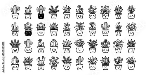 Hand Drawn Potted Plants Succulents Cacti Doodle Collection Indoor Houseplant Line Art Sketch Set Botanical Greenery Icons for Home Office Decor and Garden Design Elements