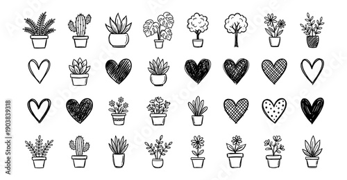 Kawaii Doodle Potted Plants Collection Hand Drawn Black and White Cute Happy Face Houseplant Succulent Cactus Flower Line Art Icon Set Vector Illustration