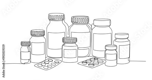 Line art of various medicine bottles and pill blisters. No editable stroke