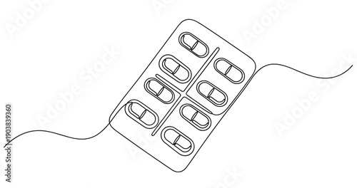 Monochrome outline of capsule pills in blister pack on wavy line background. No editable stroke