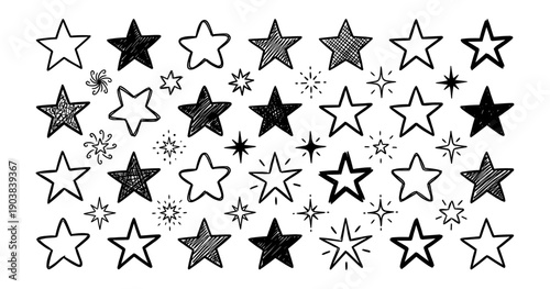 Hand Drawn Sun Icons Set Doodle Style Black and White Outline Illustrations Collection Sunshine Summer Weather Symbols Whimsical Graphic Elements Happy Smiling Sun Faces Warm Climate Vector Pack